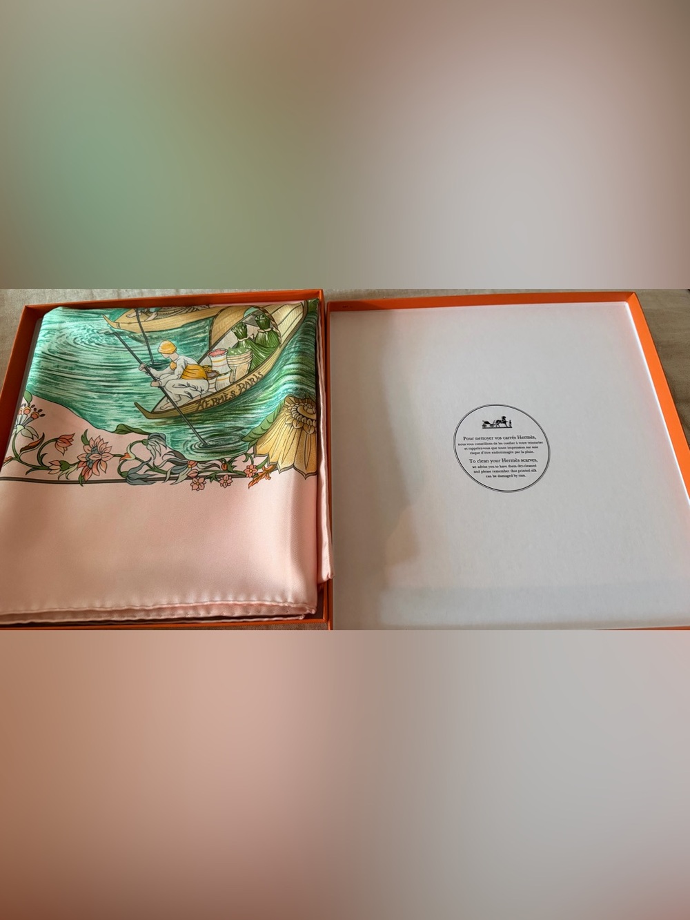 Hermes Pink and Green Silk Scarf with Lotus and River Scene - Picture 11 of 12